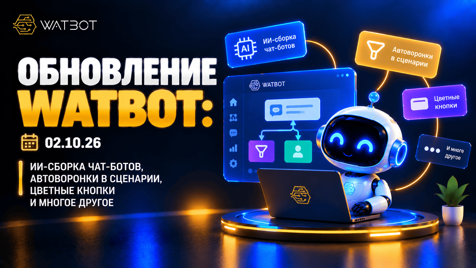 ОБНОВЛЕНИЕ WATBOT 02.10.26: ИИ-СБОРКА ЧАТ-БОТОВ, АВТОВОРОНКИ В СЦЕНАРИИ, ЦВЕТНЫЕ КНОПКИ И МНОГОЕ ДРУГОЕ